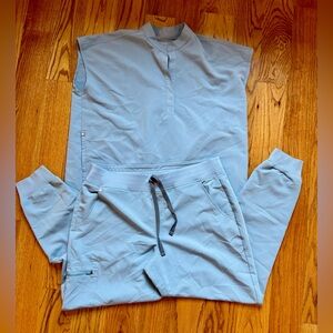 Figs Scrub Set Rafaela Mandarin Top Zamora Jogger Pants Light Blue Gray Medium